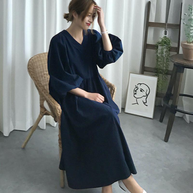 ワンピース バルーンスリーブ ロング丈 Vネック Aライン 夏 plusnao ワンピース 七分袖 ロング丈 レディース Vネック