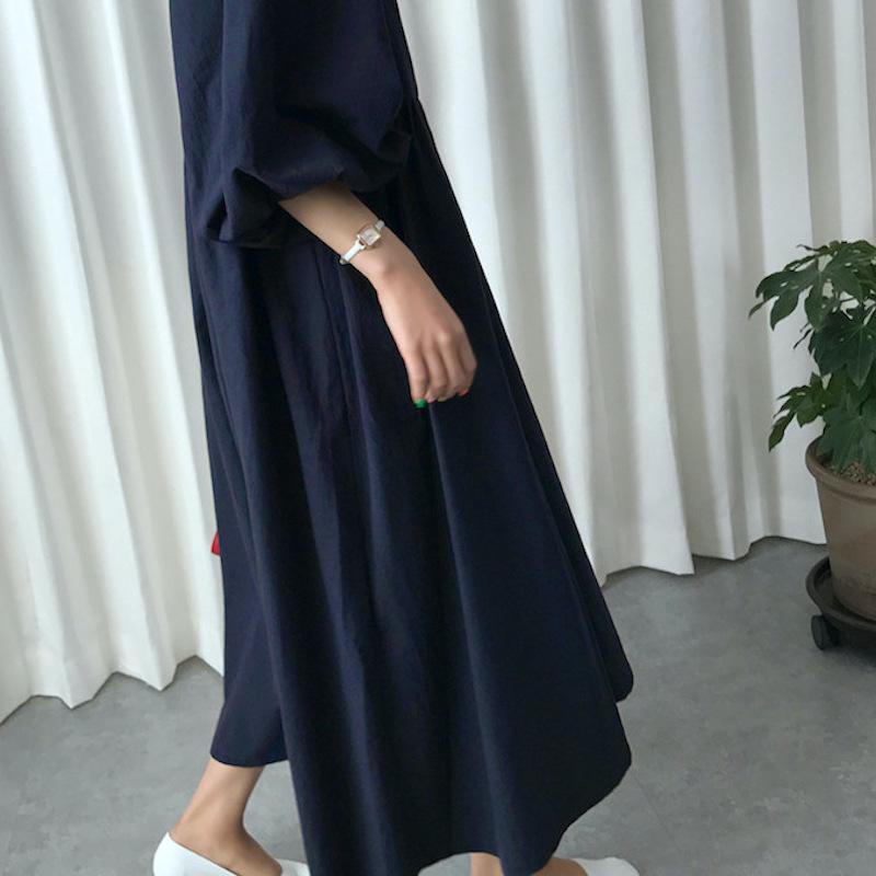 ワンピース 七分袖 ロング丈 レディース Vネック バルーンスリーブ A