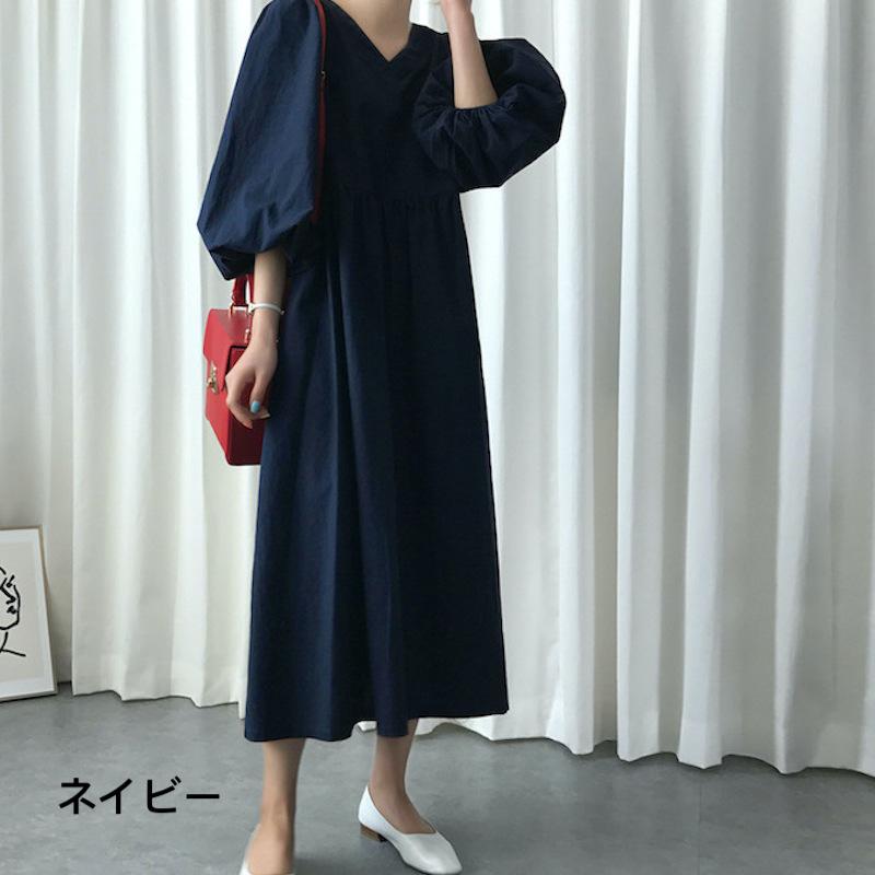 ワンピース 七分袖 ロング丈 レディース Vネック バルーンスリーブ A