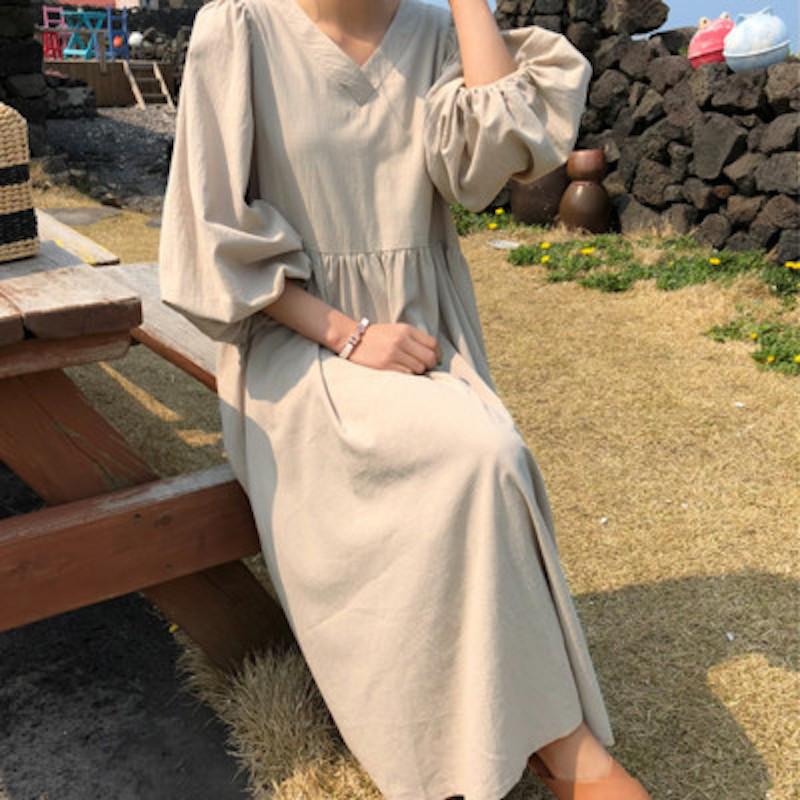 ワンピース 七分袖 ロング丈 レディース Vネック バルーンスリーブ A