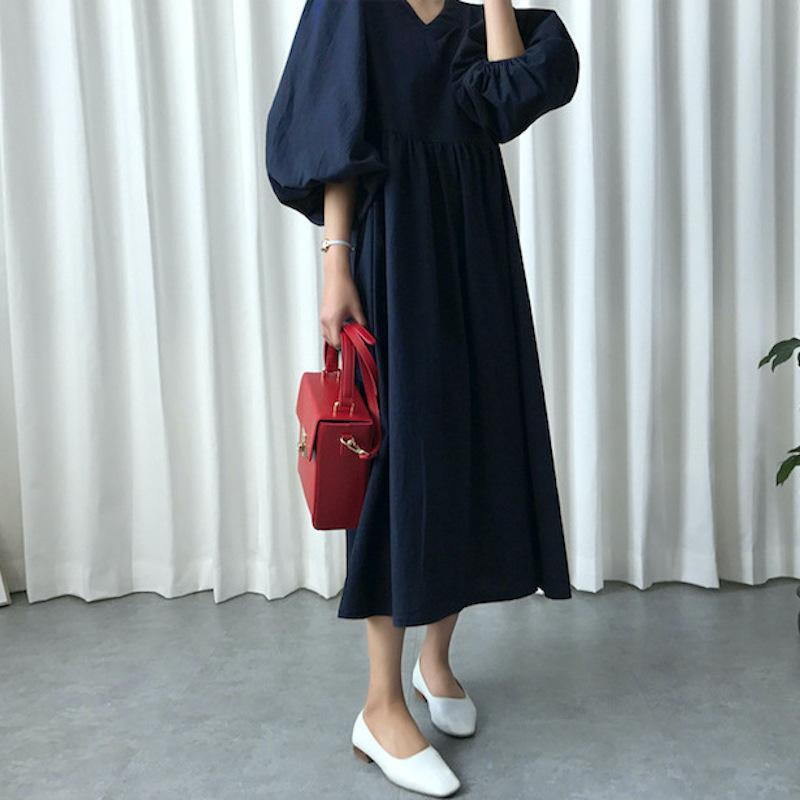 ワンピース 七分袖 ロング丈 レディース Vネック バルーンスリーブ A