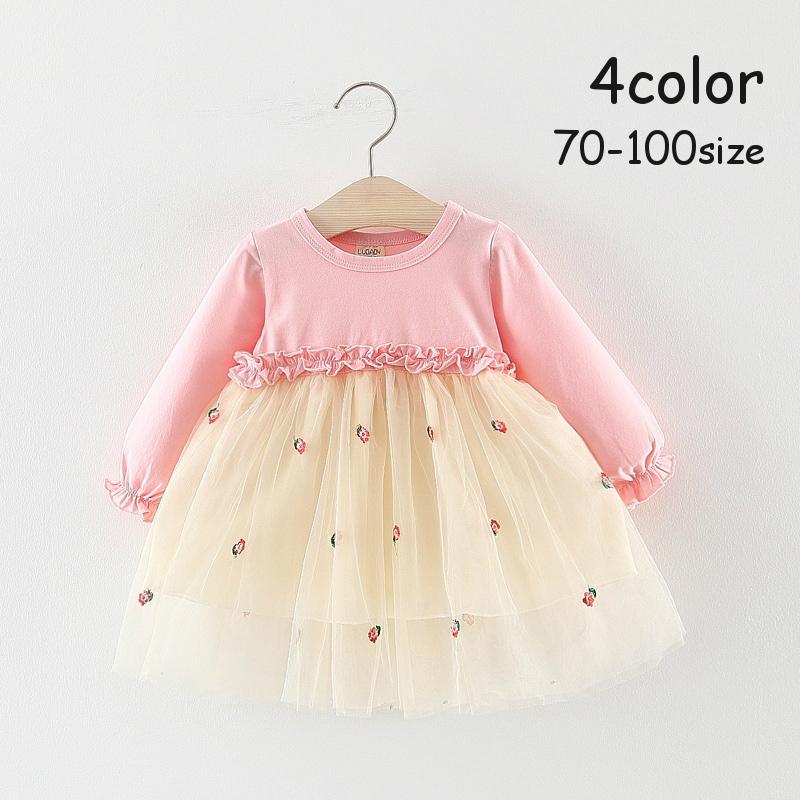 ワンピース ベビー キッズ 子ども 子供服 女の子 女児 赤ちゃん 長袖 クルーネック ドッキング 柄 花柄 フラワー フリル レース チュール フリ プラスナオ Paypayモール店 通販 Paypayモール