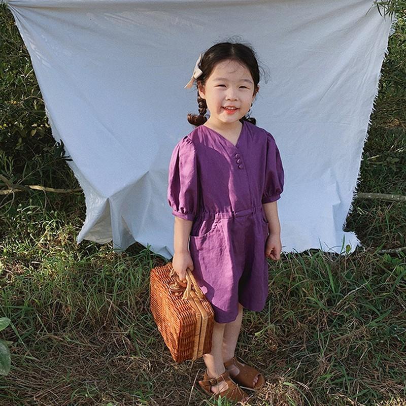 オールインワン ジャンプスーツ 子供服 キッズ 女の子 半袖 Vネック パフスリーブ リネン調 膝丈 ボタン パンツスタイル ウエストギャザー ポケッ プラスナオ Paypayモール店 通販 Paypayモール