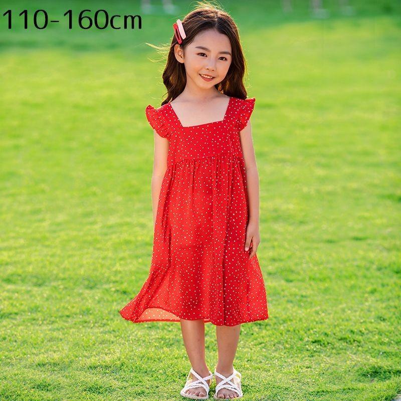 ワンピース 子供服 子供用 キッズ ジュニア 女の子 トップス 膝丈 ａライン バックリボン ノースリーブ フリル 水玉 ドット 赤 レッド おしゃれ プラスナオ Paypayモール店 通販 Paypayモール