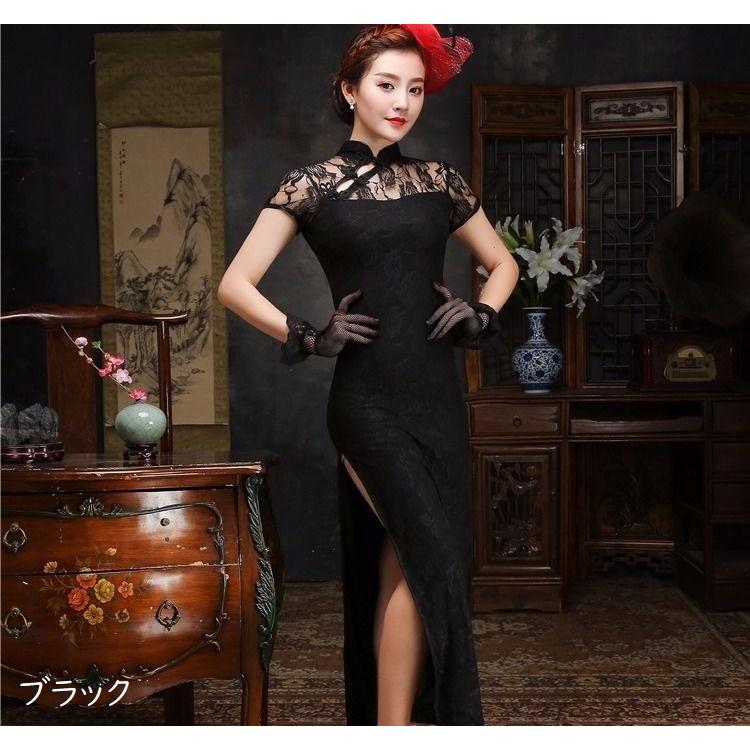 チャイナドレス ロング丈 サイドスリット 半袖 レディース 女性 婦人 タイトワンピース 大きいサイズ ゆったり コスプレ シースルー レース 透け感|plusnao|07