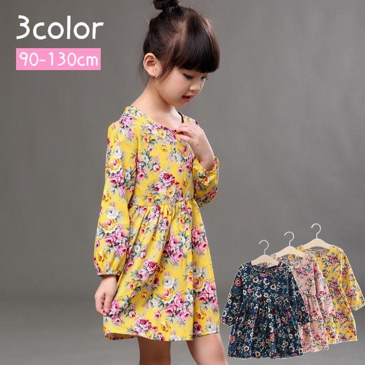 ワンピース 長袖 ミニ丈 ショート丈 子供服 キッズ ラウンドネック 丸襟 Sale 65 Off かわいい フレアスカート 花柄 おしゃれ 丸首 ナチュラル440円 ガール 女の子