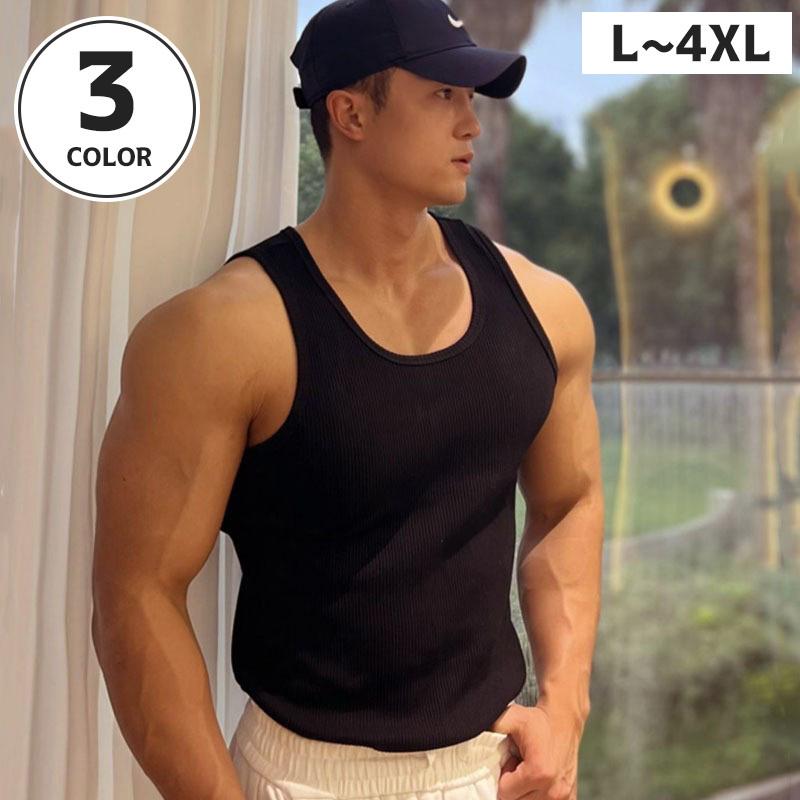 タンクトップ メンズ 男性 トップス ノースリーブ ラウンドネック リブ