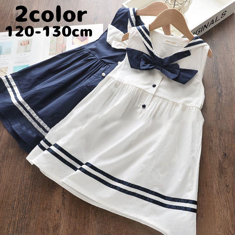ワンピース キッズ 子供服 子供用 女の子 ノースリーブ セーラーカラー リボン フレア ハーフボタン かわいい 清楚 おしゃれ 女児 夏 白 紺 プラスナオ Paypayモール店 通販 Paypayモール