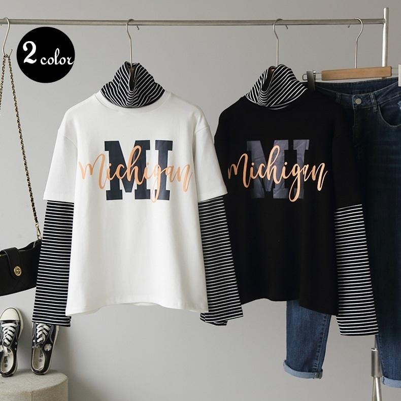 カットソー レディース Tシャツ 重ね着風 長袖 トップス タートルネック ハイネック ボーダー ロゴ シマシマ モノトーン おしゃれ カジュアル 可 Top プラスナオyahoo 店 通販 Yahoo ショッピング