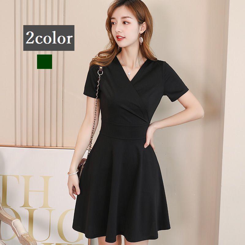 半袖ワンピース ワンピ カシュクール レディース 膝丈 ミディ丈 ミディアム丈 フレア 膝上 おしゃれ 上品 きれいめ セクシー 春夏 ブラック グリ プラスナオ Paypayモール店 通販 Paypayモール