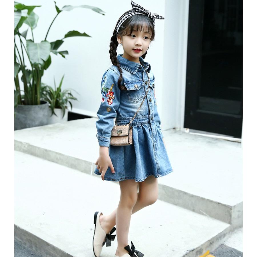 ワンピース デニム 子供服 女の子 ガールズ キッズ 春服 秋服 長袖 膝丈 刺繍 花 ボタン 前開き フレアスカート かわいい おしゃれ かっこいい プラスナオ Paypayモール店 通販 Paypayモール