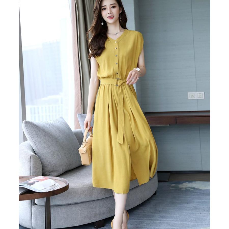 ワンピース レディース Vネック ミモレ丈 ロング丈 膝下 フレンチスリーブ フレアスカート ウエストマーク ベルト付き 大きいサイズ レトロ 無地 プラスナオ Paypayモール店 通販 Paypayモール