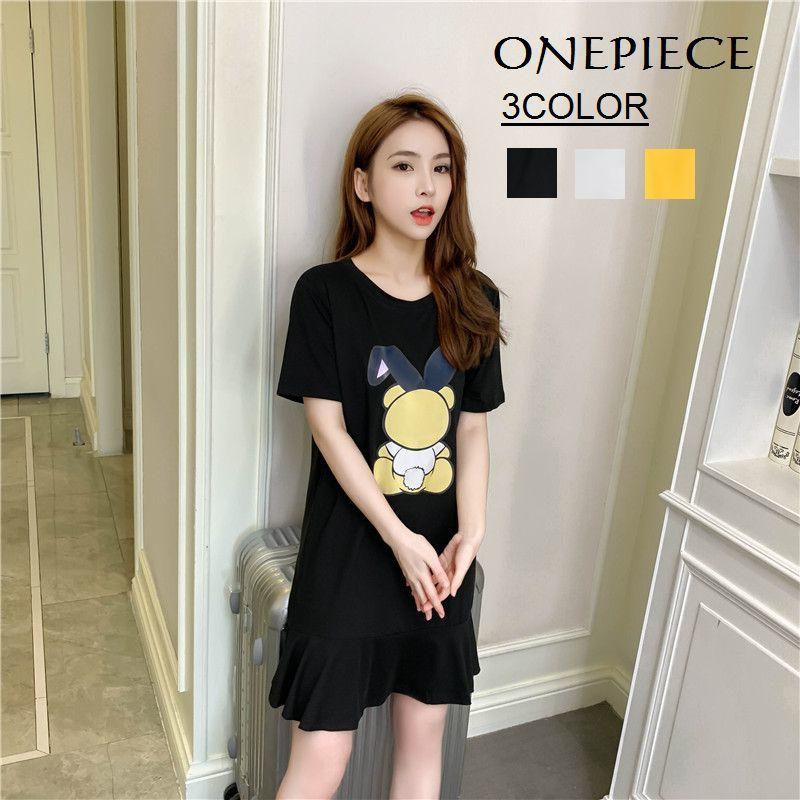 ワンピース ｔシャツワンピース ミニ丈 膝上丈 丸襟 フレア 半袖 うさぎ くま キャラクター アニマル 動物 レディース かわいい カジュアル おし Top プラスナオyahoo 店 通販 Yahoo ショッピング