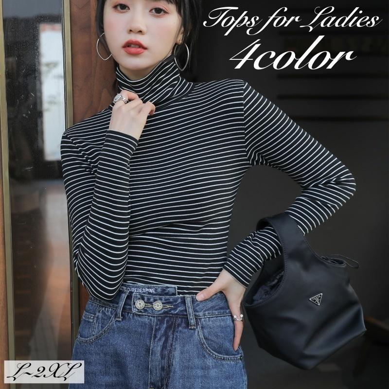 長袖カットソー ロングtシャツ レディース 女性 トップス 長袖 タートルネック フリース ストレッチ あったか 暖かい 秋冬 ボーダー柄 カジュアル Top プラスナオyahoo 店 通販 Yahoo ショッピング
