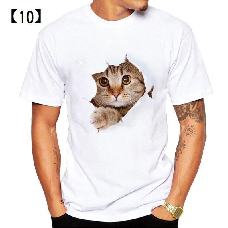 Tシャツ 半袖 クルーネック トリックアート 猫 ラウンドネック