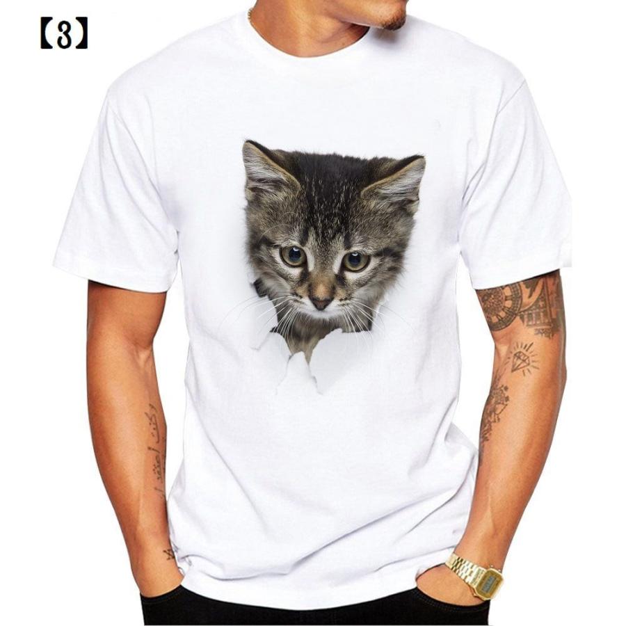 Tシャツ 半袖 クルーネック トリックアート 猫 ラウンドネック