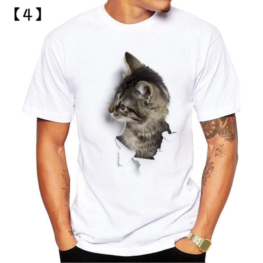 Tシャツ 半袖 クルーネック トリックアート 猫 ラウンドネック