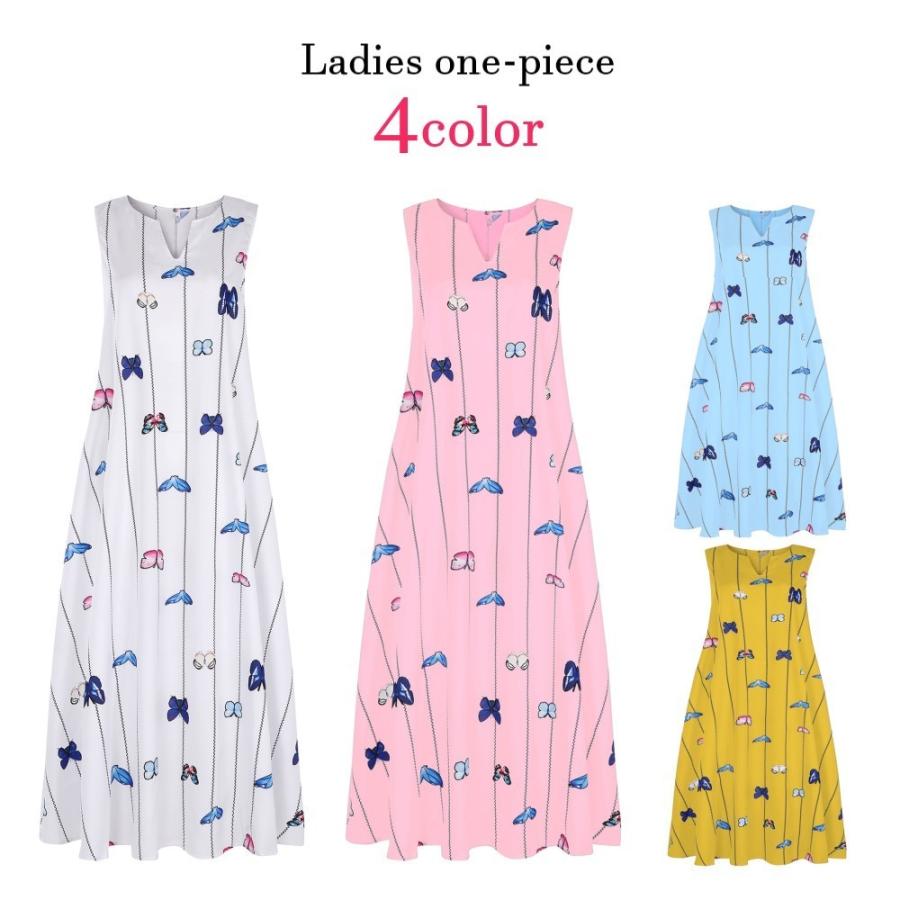 ワンピース 女性 レディース ノースリーブ ロング丈 マキシ丈 Aライン スリットネック キーネック 足首丈 総柄 蝶 ストライプ 華やか きれい お プラスナオ Paypayモール店 通販 Paypayモール