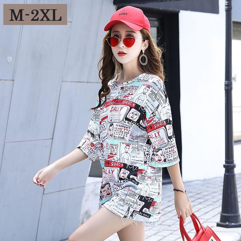 レディース ファッション Tシャツ 五分袖 半袖 柄 プリント 大きめ ゆったり カジュアル ラフ おしゃれ 個性的 白 夏 M L Xl 2xl 女 プラスナオ Paypayモール店 通販 Paypayモール