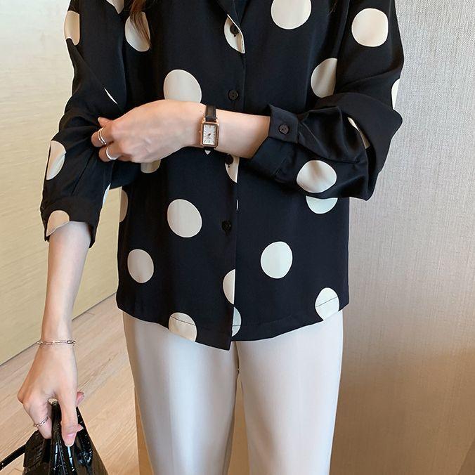 シャツ 長袖 レディース 女性用 トップス 開襟 ドット柄 水玉模様 前