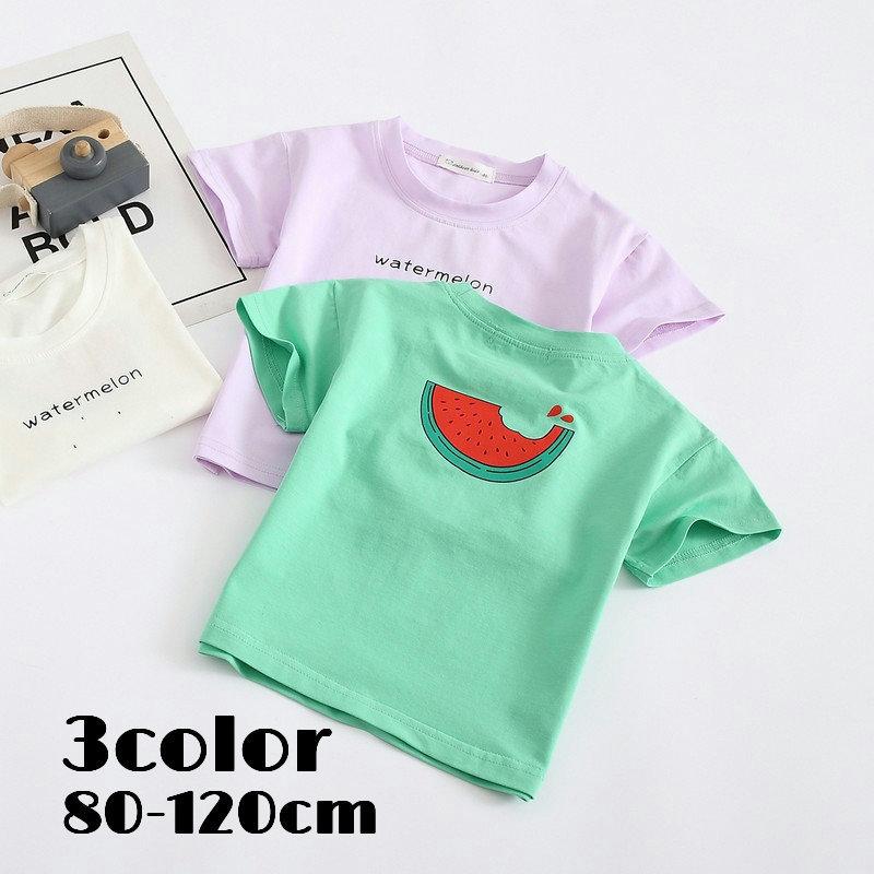 Tシャツ 半袖カットソー 子供服 キッズ ベビー 女の子 男の子 ラウンドネック スイカ 英字ロゴ イラスト プリント おしゃれ かわいい 男児 女児 プラスナオ Paypayモール店 通販 Paypayモール