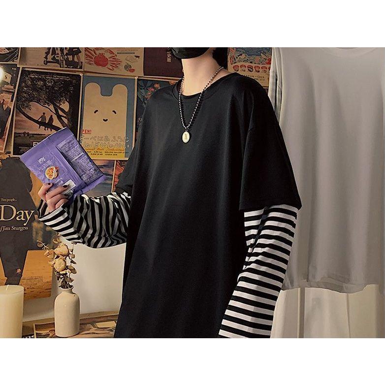 長袖カットソー Tシャツ メンズ 大きいサイズ 重ね着風 フェイクレイヤード ゆったり 体型カバー ストリート ヒップホップ B系 :top ...
