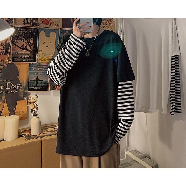 長袖カットソー Tシャツ メンズ 大きいサイズ 重ね着風 フェイクレイヤード ゆったり 体型カバー ストリート ヒップホップ B系 :top ...