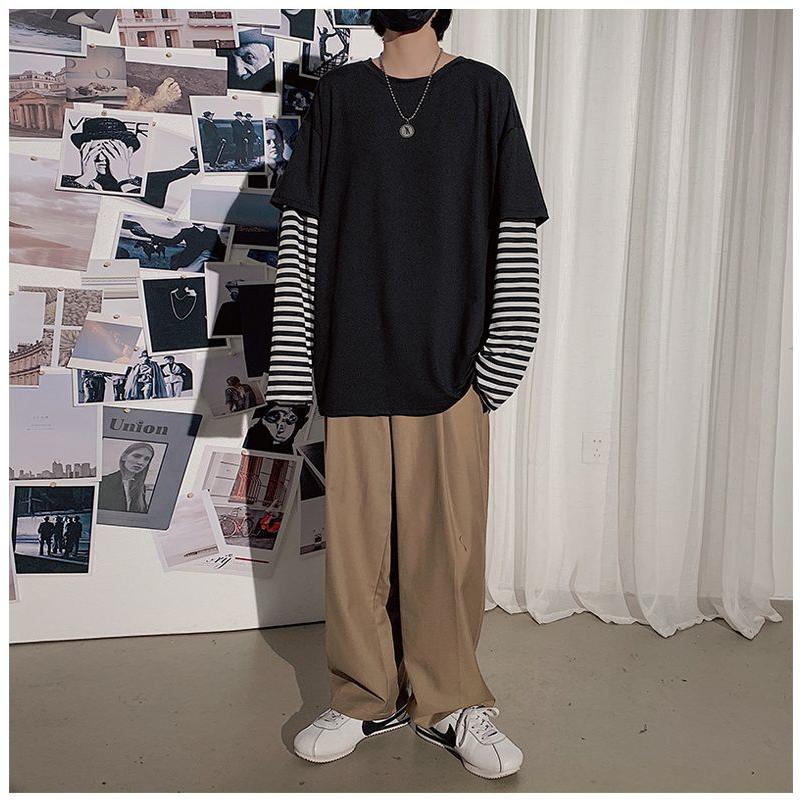 長袖カットソー Tシャツ メンズ 大きいサイズ 重ね着風 フェイクレイヤード ゆったり 体型カバー ストリート ヒップホップ B系 :top ...