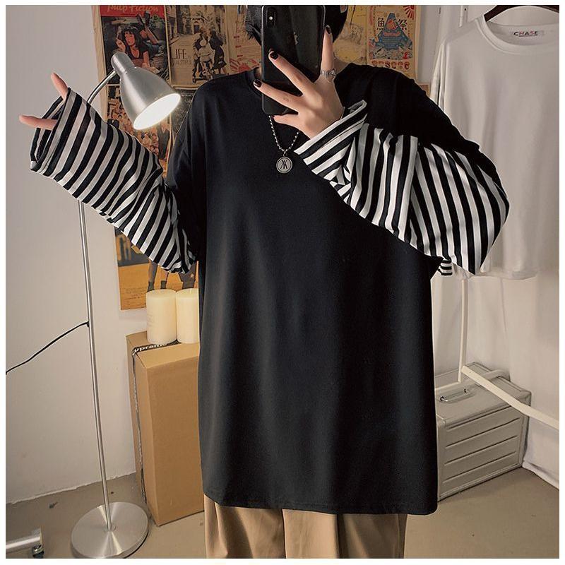 長袖カットソー Tシャツ メンズ 大きいサイズ 重ね着風 フェイクレイヤード ゆったり 体型カバー ストリート ヒップホップ B系 :top ...