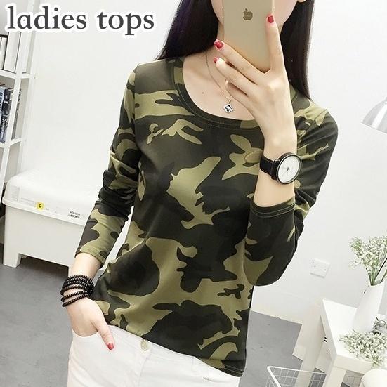 ロングtシャツ レディース 女性 トップス 長袖 ラウンドネック 迷彩柄 カモフラージュ柄 カジュアル お洒落 可愛い 着回し力 お出かけ 普段使い Top プラスナオyahoo 店 通販 Yahoo ショッピング
