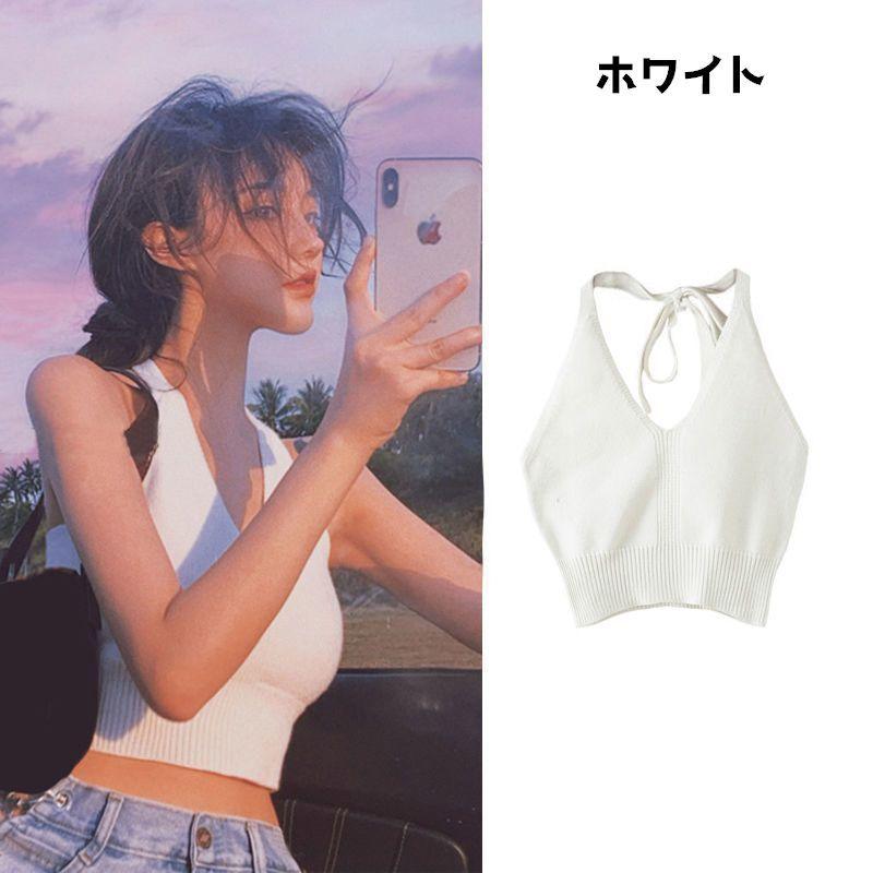 華やかな肌見せニットトップス　Vネック　ショート丈　ホルターネック　パフスリーブ　夏　オフショルダー　無地　大人っぽい 華やかな肌見せニットトップス Vネック ショート丈[品番