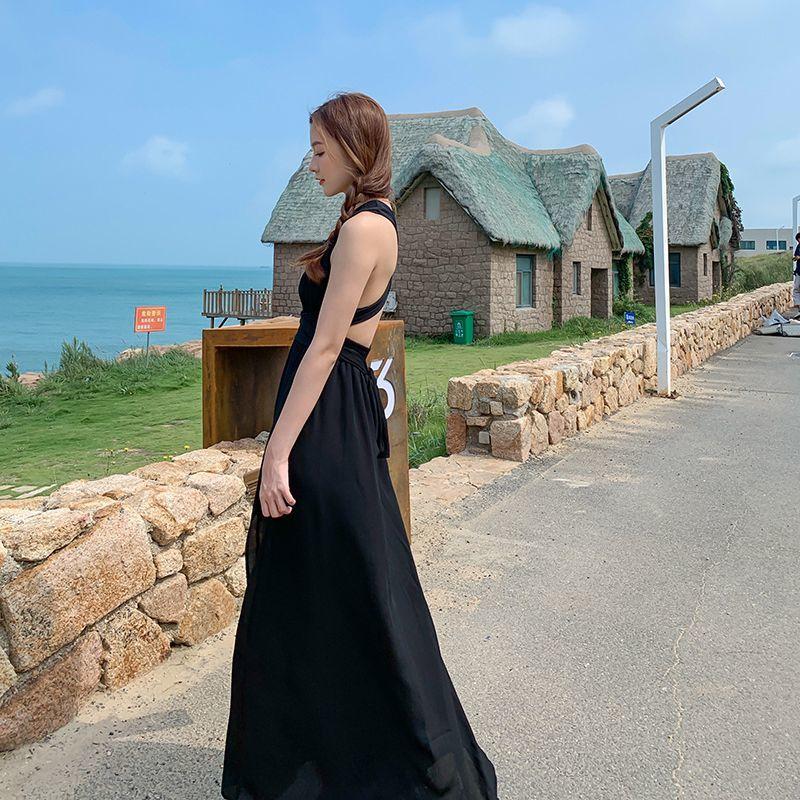 バックオープン ホルターネックワンピースAラインロングドレス バック