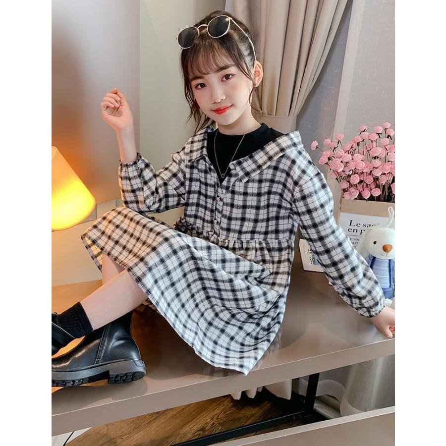 ワンピース シャツワンピース レイヤード風 キッズ 子供服 長袖 膝丈 