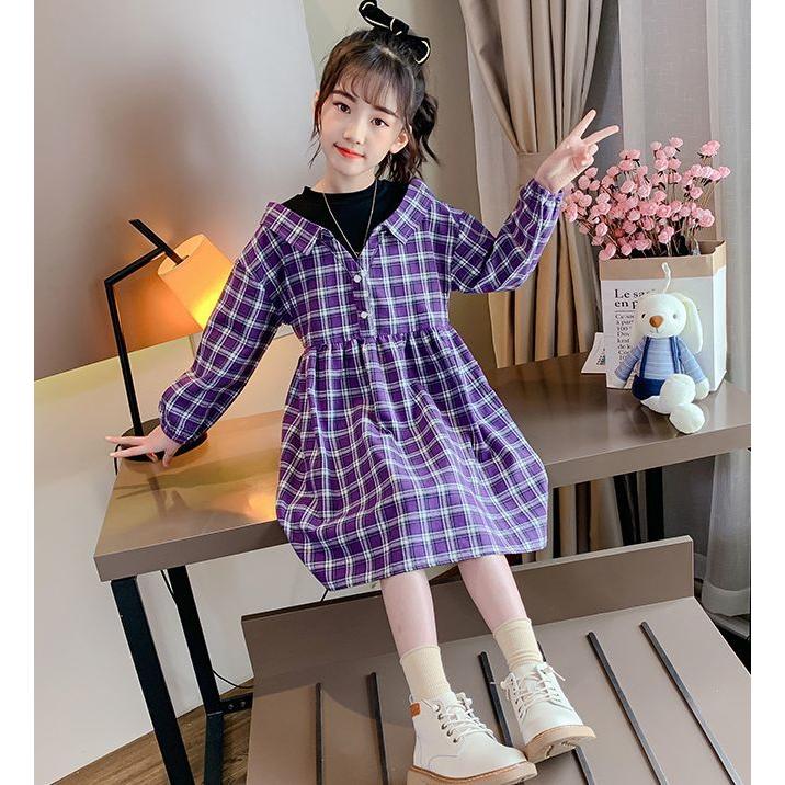 ワンピース シャツワンピース レイヤード風 キッズ 子供服 長袖 膝丈