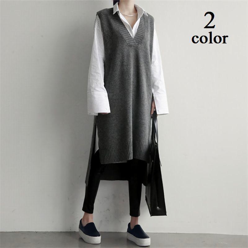 ベスト ジレ ニット ロング丈 Vネック 厚手 ボア ロングテール サイドスリット レディース トップス 無地 シンプル カジュアル おしゃれ 黒 グ Top 518 プラスナオyahoo 店 通販 Yahoo ショッピング