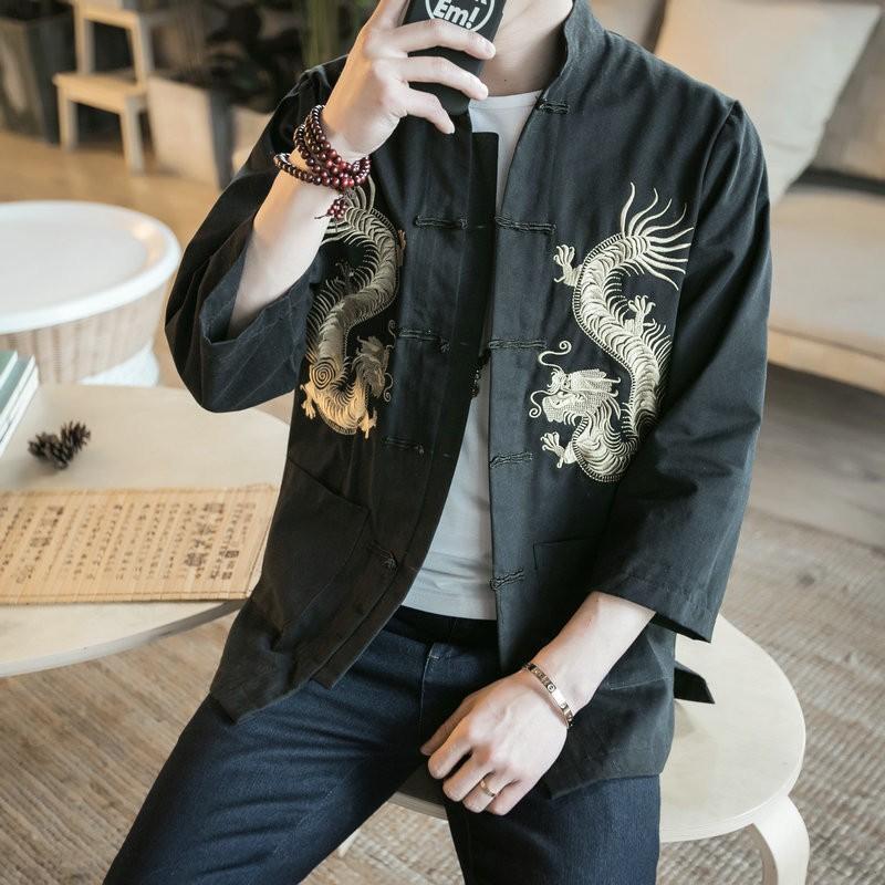 シャツ チャイナ服 七分袖 龍 ドラゴン 刺繍 かっこいい 中国風 おしゃれ トップス 男性 メンズ 大きい M L Xl 2xl 3xl 4xl 5 プラスナオ Paypayモール店 通販 Paypayモール