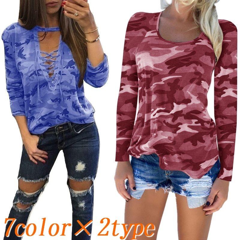 Tシャツ 長袖 Vネック レースアップ ラウンドネック 迷彩柄 レディース トップス カットソー カモフラージュ柄 セクシー Sexy カジュアル お プラスナオ Paypayモール店 通販 Paypayモール