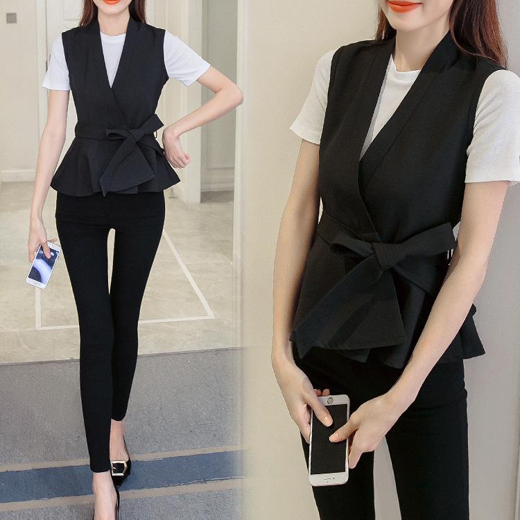 ベスト ジレ ペプラム レディース トップス 前開き ウエストリボン Vネック ウエストマーク 婦人服 女性用 無地 黒 大きいサイズ チョッキ 羽織 plusnao ベスト ジレ ペプラム レディース トップス 前開き
