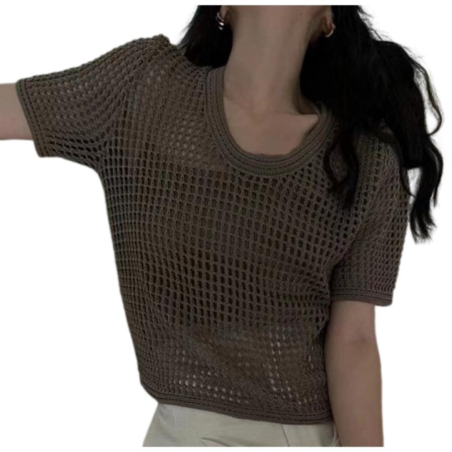 plusnao サマーニット 半袖 レディース トップス ラウンドネック