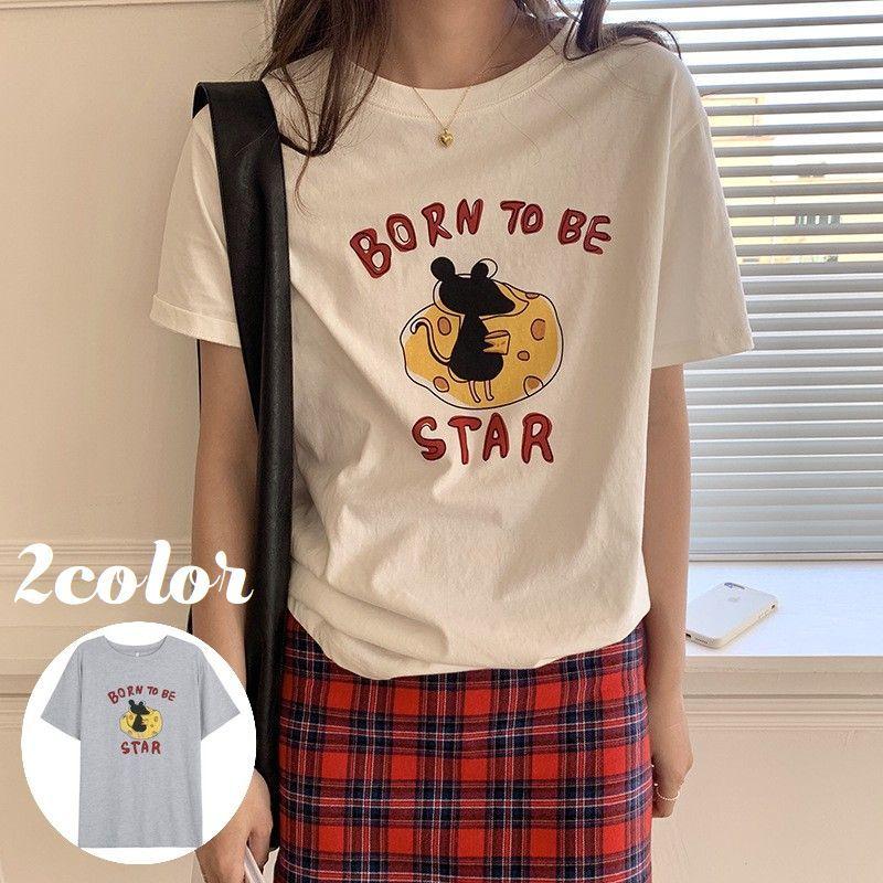 Tシャツ カットソー 半袖 レディース 女性 婦人 プリント イラスト キャラクター ねずみ ネズミ チーズ 英字 ロゴ かわいい おしゃれ カジュア プラスナオ Paypayモール店 通販 Paypayモール