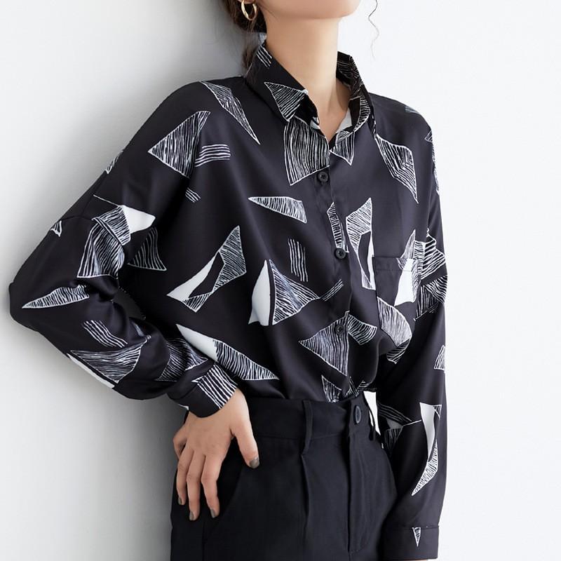柄シャツ 長袖シャツ ブラウス 総柄 モノトーン レトロ レディース トップス 個性的 オシャレ きれいめ トライアングル 幾何学 プラスナオ Paypayモール店 通販 Paypayモール