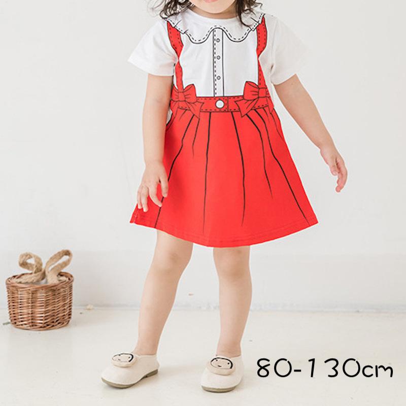 ワンピース 半袖 キッズ 子供服 女の子 夏服 膝丈 だまし絵 丸首 ラウンドネック プリント サロペット風 かわいい お出かけ 結婚式 発表会 ガー プラスナオ Paypayモール店 通販 Paypayモール