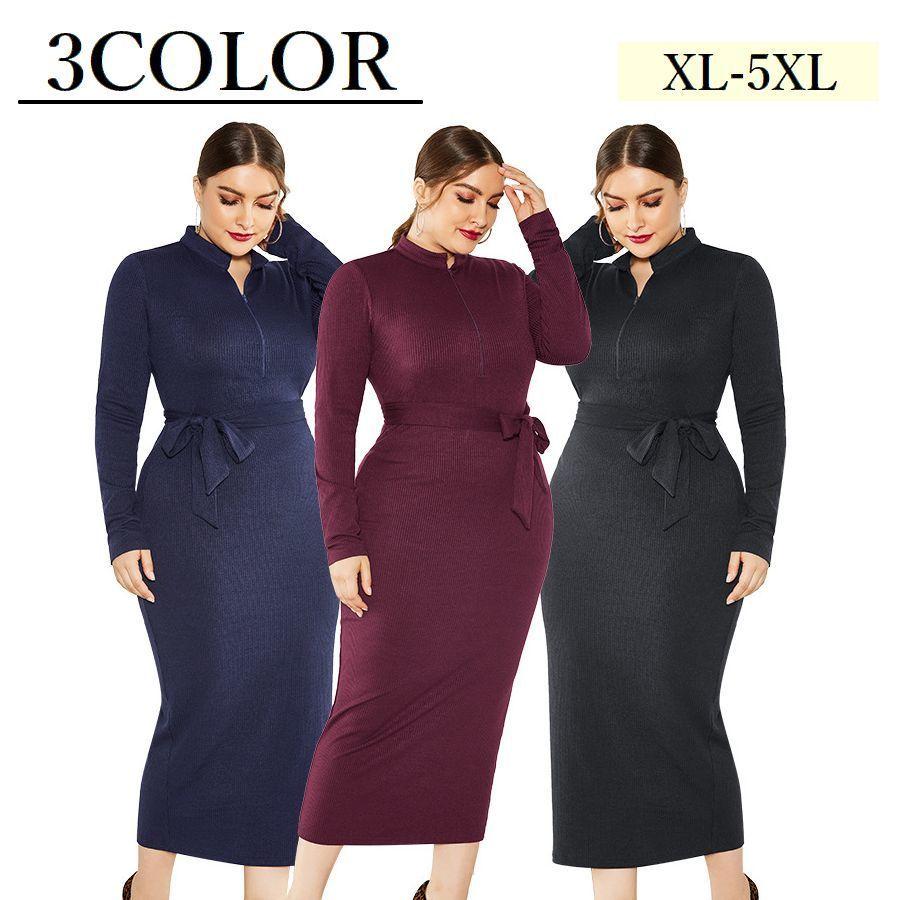 タイトワンピース レディース ミディ丈 ニット 長袖 ウエストリボン リブニット ファスナー ぽっちゃり スタンドカラー ハイウエスト シンプル 無地 プラスナオ Paypayモール店 通販 Paypayモール