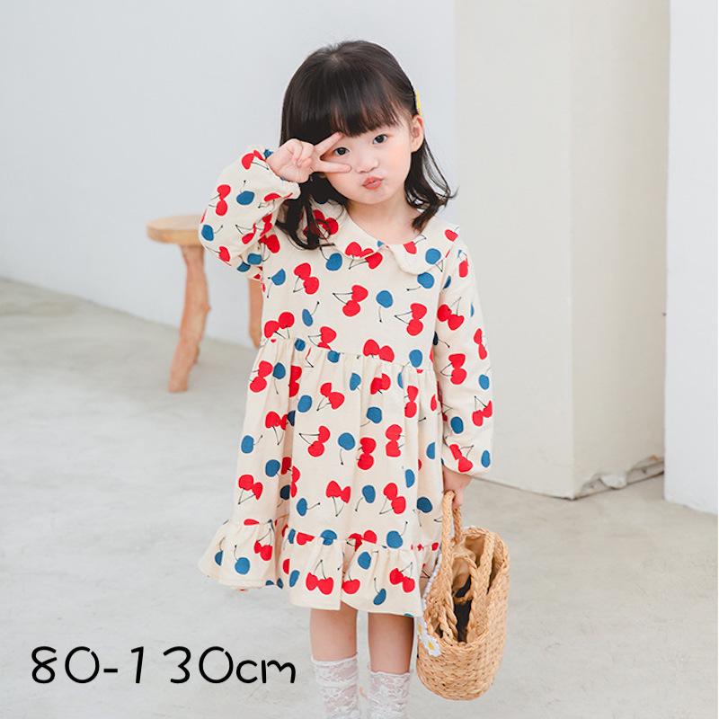 ワンピース キッズ 子供服 女の子 春服 秋服 長袖 ラウンドネック 襟付き 袖ゴム 膝丈 Aライン フリル チェリー柄 さくらんぼ 入学式 入園式 プラスナオ Paypayモール店 通販 Paypayモール