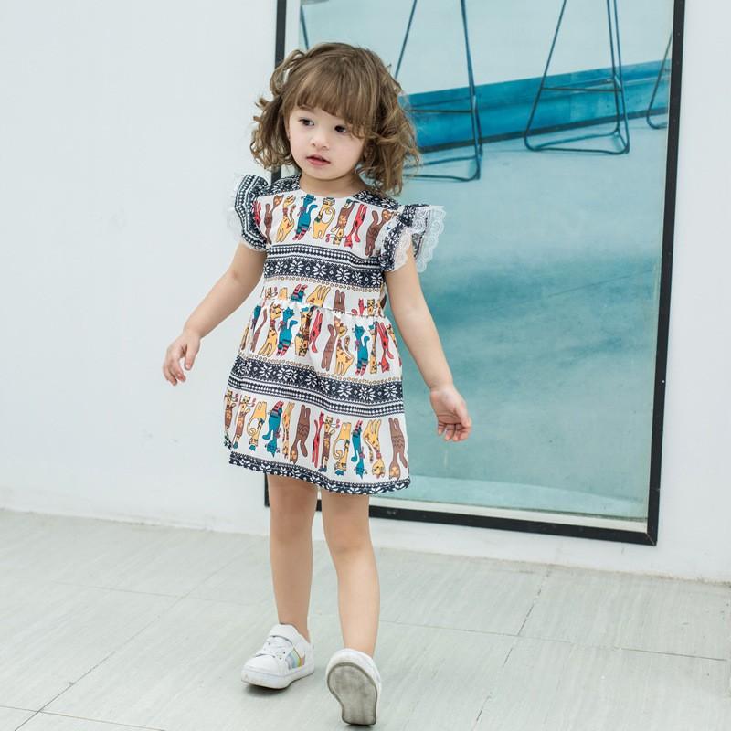 総柄ワンピース ワンピース 半袖 ミニ丈 ショート丈 ラウンドネック 袖フリル 袖レース 子供服 キッズ 女の子 フレア バックファスナー かわいい プラスナオ Paypayモール店 通販 Paypayモール