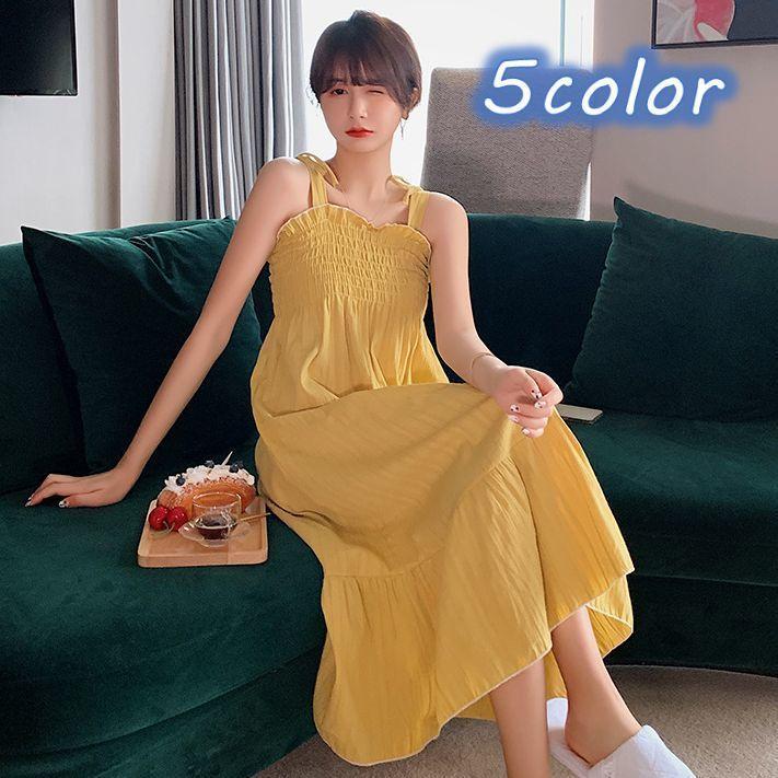 ルームウェア ワンピース パジャマ ロング丈 膝下 肩紐 ノースリーブ レディース シャーリング 女性 婦人 かわいい おしゃれ