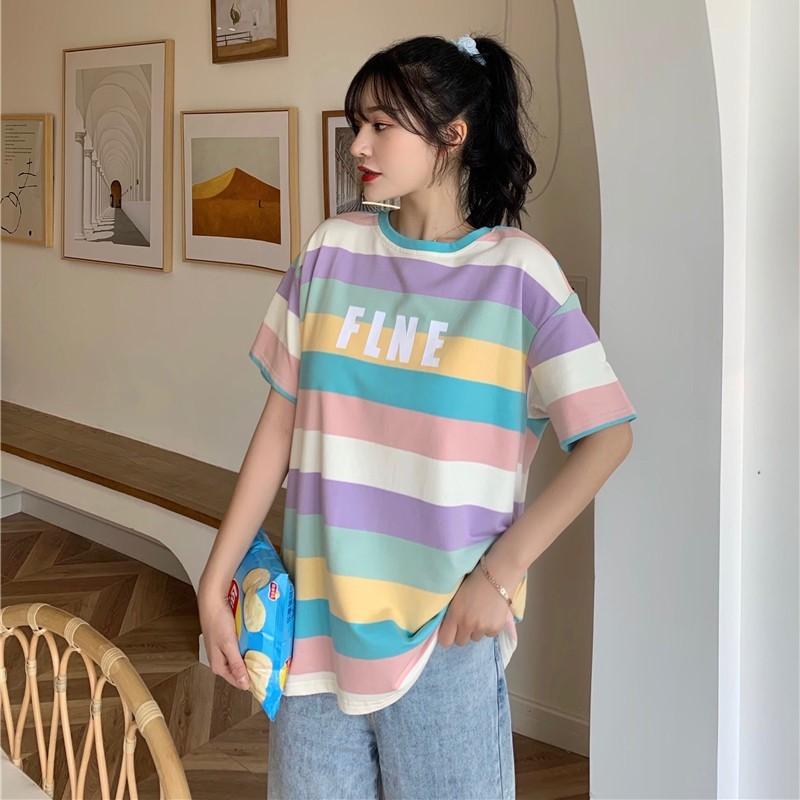 Tシャツ カットソー 半袖 レディース 女性 婦人 トップス ボーダー カラフル パステル ロゴ 英字 かわいい おしゃれ カジュアル ゆったり お出 Top プラスナオyahoo 店 通販 Yahoo ショッピング
