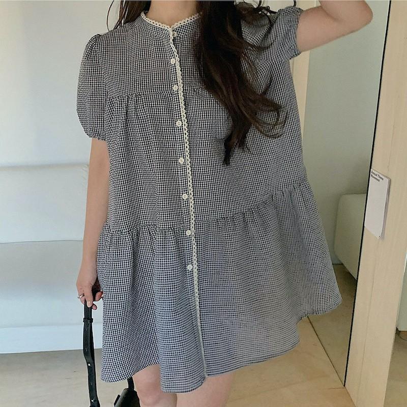 ワンピース 半袖 レディース 夏服 バブルスリーブ ミニワンピース ショート Aライン チェック柄 レース ボタン 前開き レトロ 可愛い お出かけ プラスナオ Paypayモール店 通販 Paypayモール