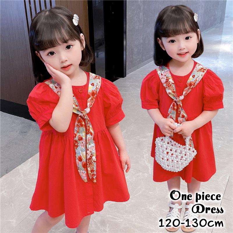 ワンピース 半袖 子供服 キッズ 女の子 膝丈 フレア 前開き 前ボタン レッド リボンタイ スカーフ風 パフスリーブ ラウンドネック おしゃれ かわ Top プラスナオyahoo 店 通販 Yahoo ショッピング