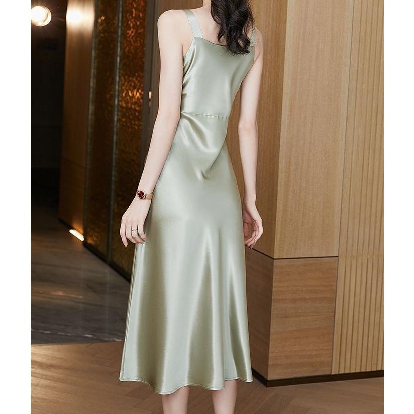 キャミソールワンピース ドレス レディース 大きいサイズ サテン ノースリーブ ロング ミモレ丈 Aライン 無地 上品 きれいめ plusnao（プラスナオ） キャミソールワンピース ドレス レディース